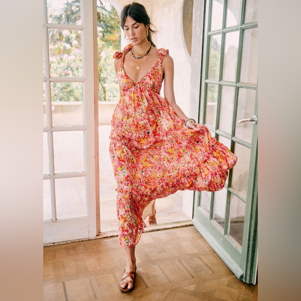BNWT Sezane Dress Robe Graziella Champs Fleuri Flower Maxi Silk Pink Orange US 8